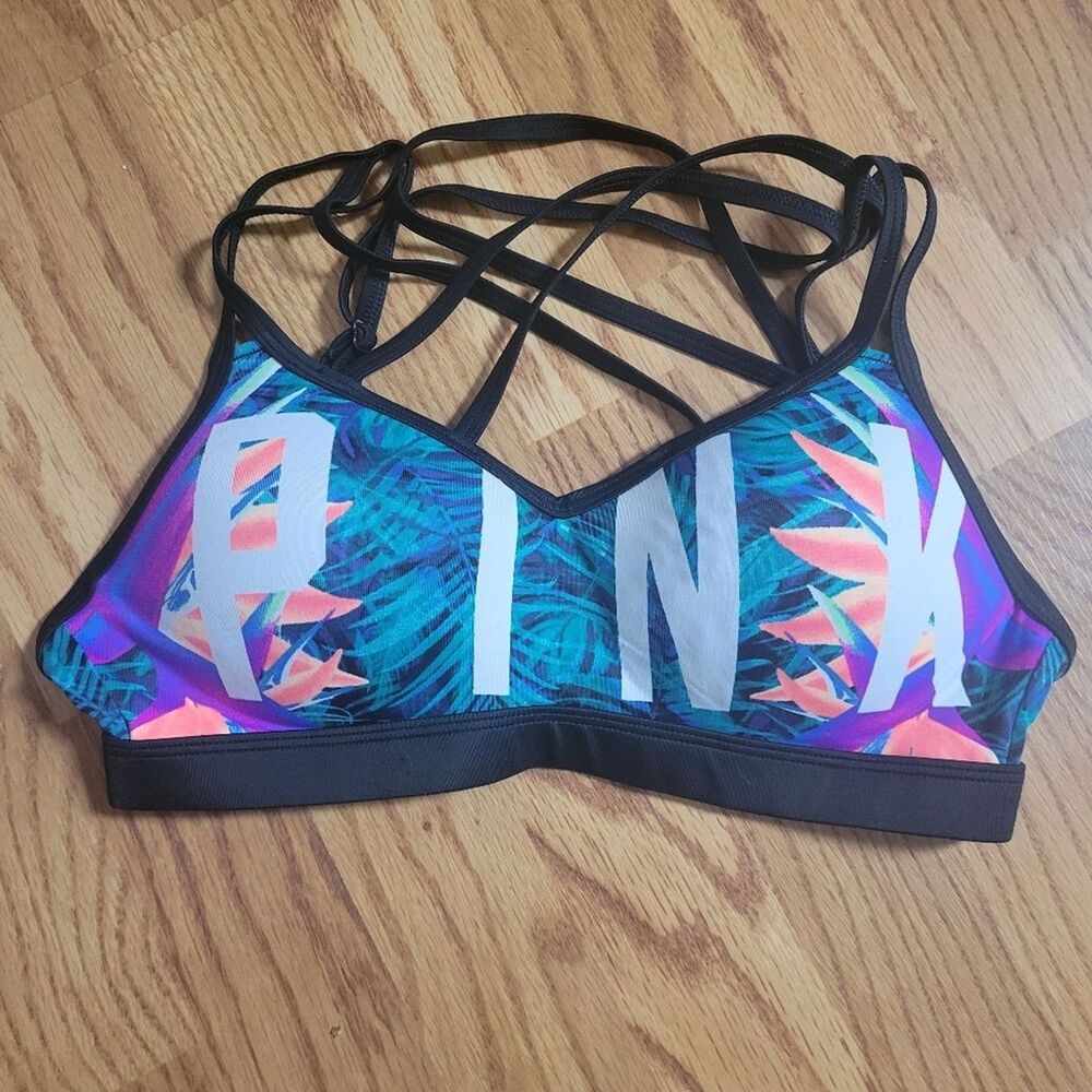 PINK | Ultimate Push Up Sporty Swim Top Neon Tropical Multicolor Resort Sz S